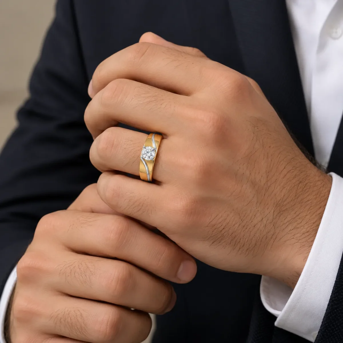 Wave Solitaire Lab Grown Diamond Ring for Men worn on male hand
