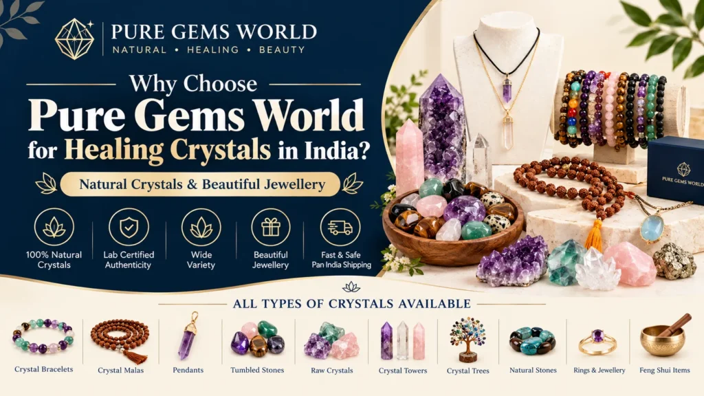 Pure Gems World natural healing crystals, crystal bracelets, malas, pendants, raw crystals, crystal towers and beautiful jewellery in India