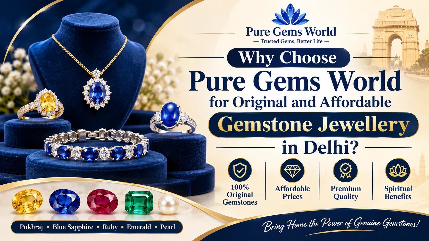 Original and affordable gemstone jewellery by Pure Gems World featuring Pukhraj, Blue Sapphire rings, gemstone pendants and bracelets.