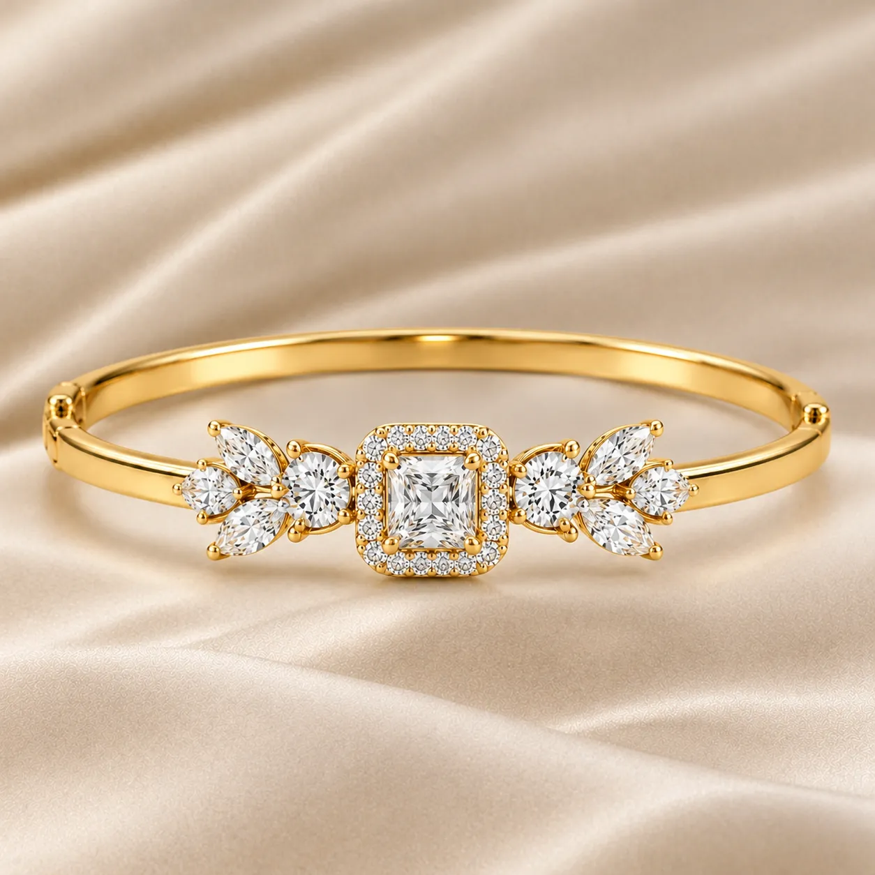 Gold diamond bangle with floral diamond design and center stone