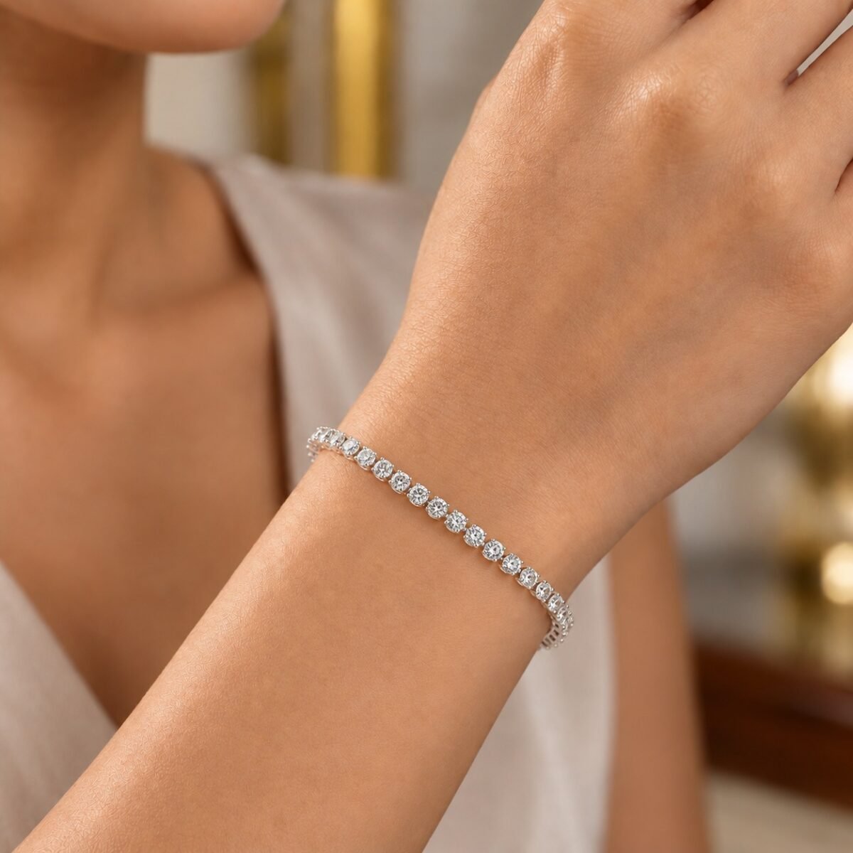 18K Gold Round Link Lab-Grown Diamond Tennis Bracelet for Women