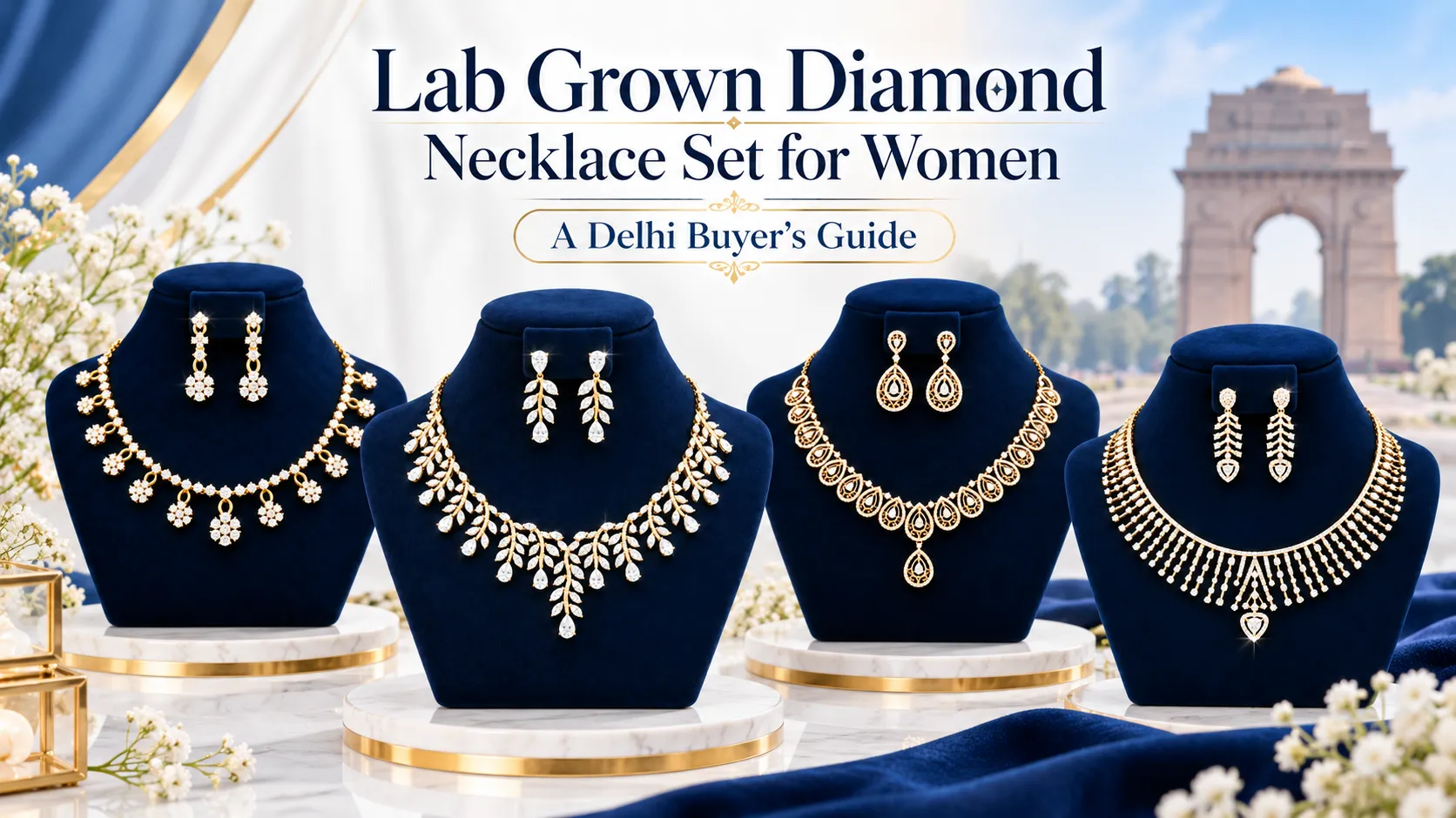 Lab grown diamond necklace set for women in Delhi featuring four elegant diamond necklace and earring sets in gold displayed on royal blue velvet stands at Pure Gems World.