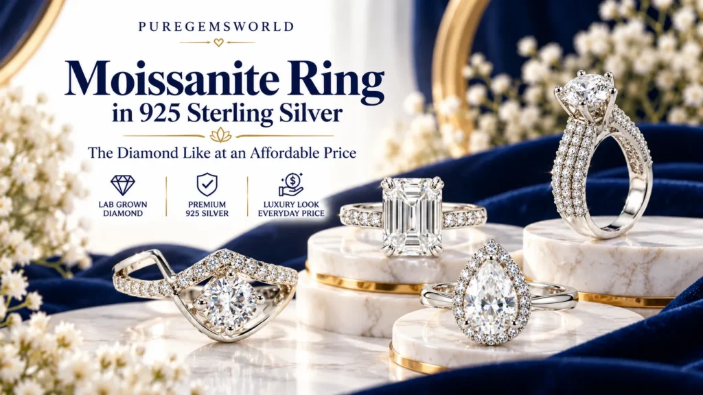Moissanite rings in 925 sterling silver by Pure Gems World featuring round, emerald and pear-cut designs on a luxury navy blue and white background.