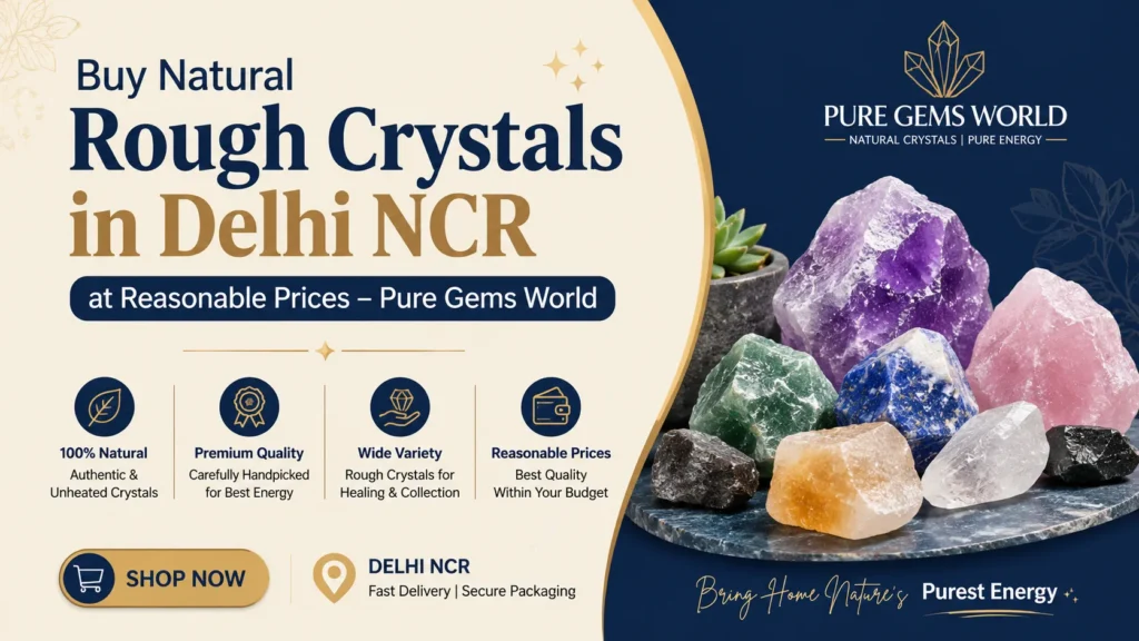Natural rough healing crystals and gemstones available at reasonable prices at Pure Gems World, a crystal shop in South Delhi NCR.