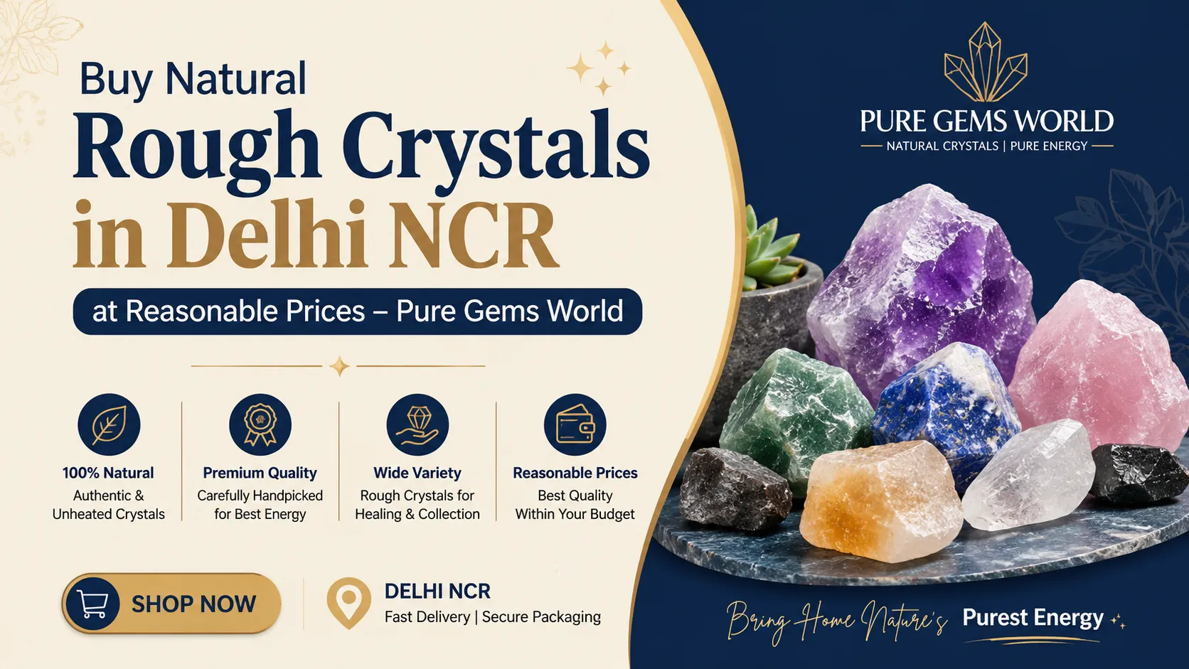 Natural rough healing crystals and gemstones available at reasonable prices at Pure Gems World, a crystal shop in South Delhi NCR.