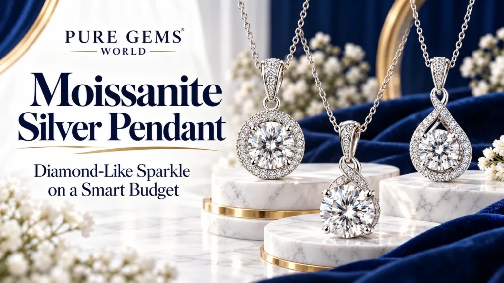 Elegant Moissanite Silver Pendants in 925 Sterling Silver featuring sparkling diamond-like stones, displayed on luxury white marble platforms with a navy blue and white background by Pure Gems World.